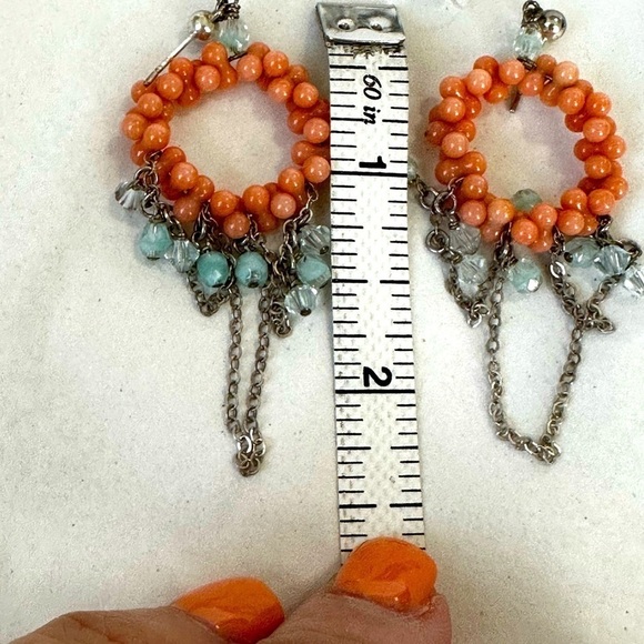 Pierced post earrings with dangling coral beads, silver and light turquoise - Picture 3 of 3